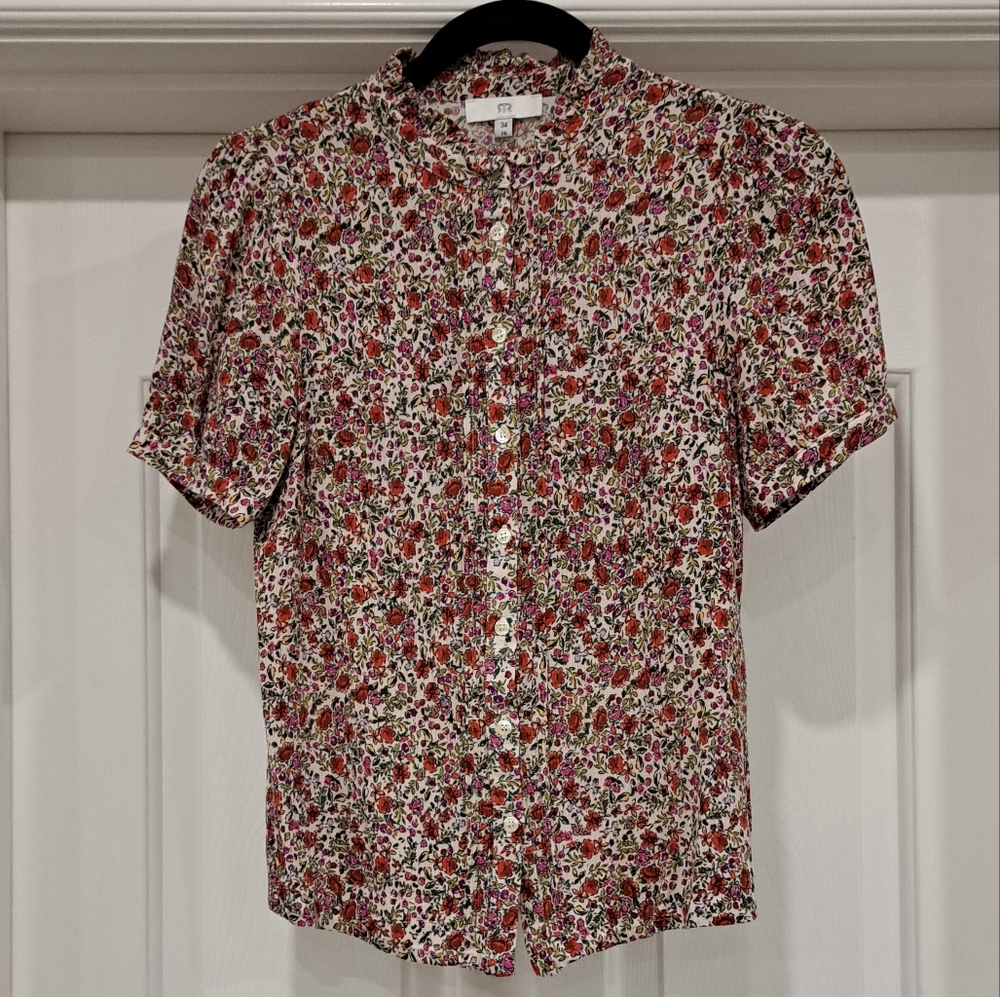 La Redoute France - Short Sleeve Floral Button-Front Blouse - Cream/Red